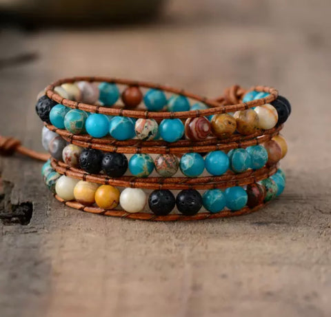 Wrap leather & gemstone bracelet